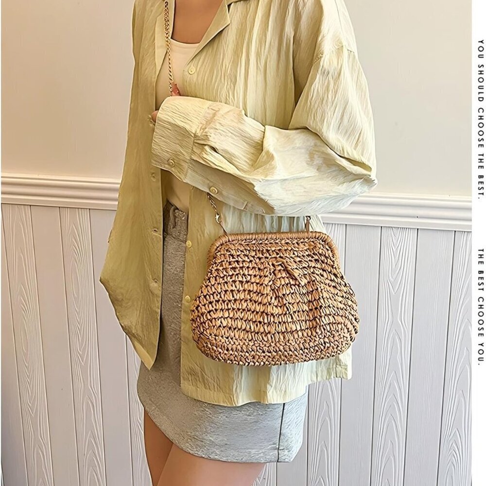 Women Straw Purse Beach Bag Woven Clutch Crossbody Shoulder Spring Handbag - Picture 2 of 6